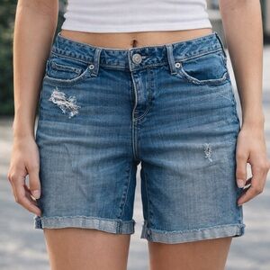 American Eagle Outfitters Distressed Medium Blue Denim Roll-Cuff Shorts